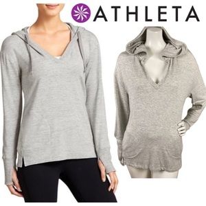 ATHLETA Light Gray Studio Split V Neck Hoodie Thumb Holes Pockets Sweater Medium